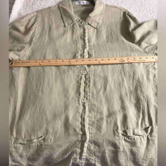 Cut loose Top womens Size XL button up linen shirt olive green Tunic minimalist - Picture 10 of 10